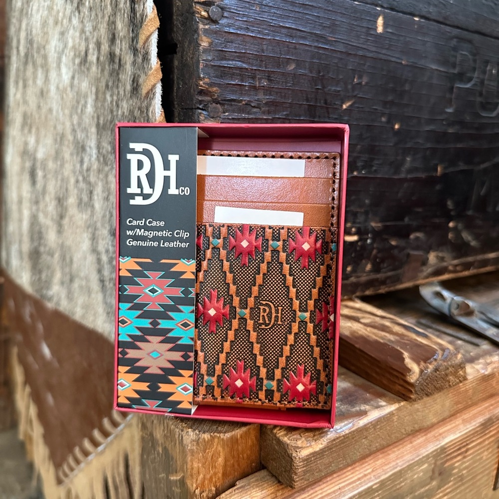 Genuine Leather Red & Tan Southwestern Card Case W/ Magnetic Money Clip